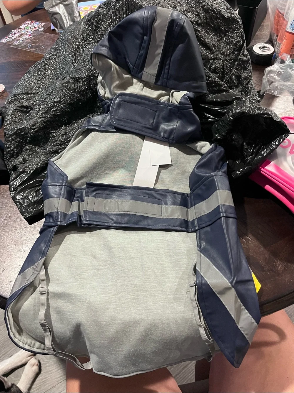 Eddie Bauer Navy and Yellow Reflective Dog Raincoat with Hood
